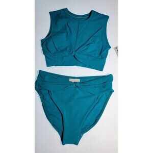 Robin Piccone Ava Tie Cropped T-Shirt Tank Swim Teal Blue Hipster Bikini Set M